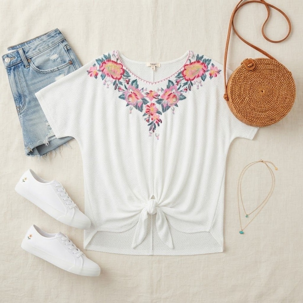Entro White‎ Waffle Knit Floral Embroidered Tie Front Top Plus Size 1X Boho